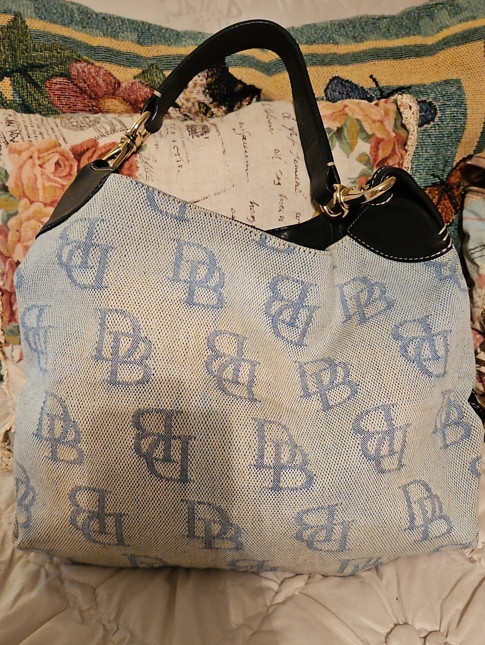 Designer-Inspired Blue & Cream Tote Bag with Black Leather Handles